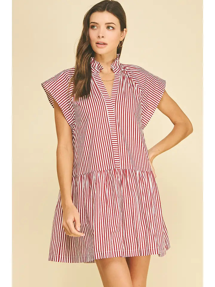 Ruffle Tunic Mini Dress - Red Stripe