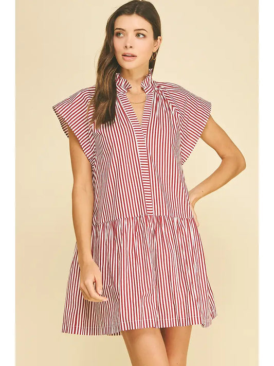 Ruffle Tunic Mini Dress - Red Stripe