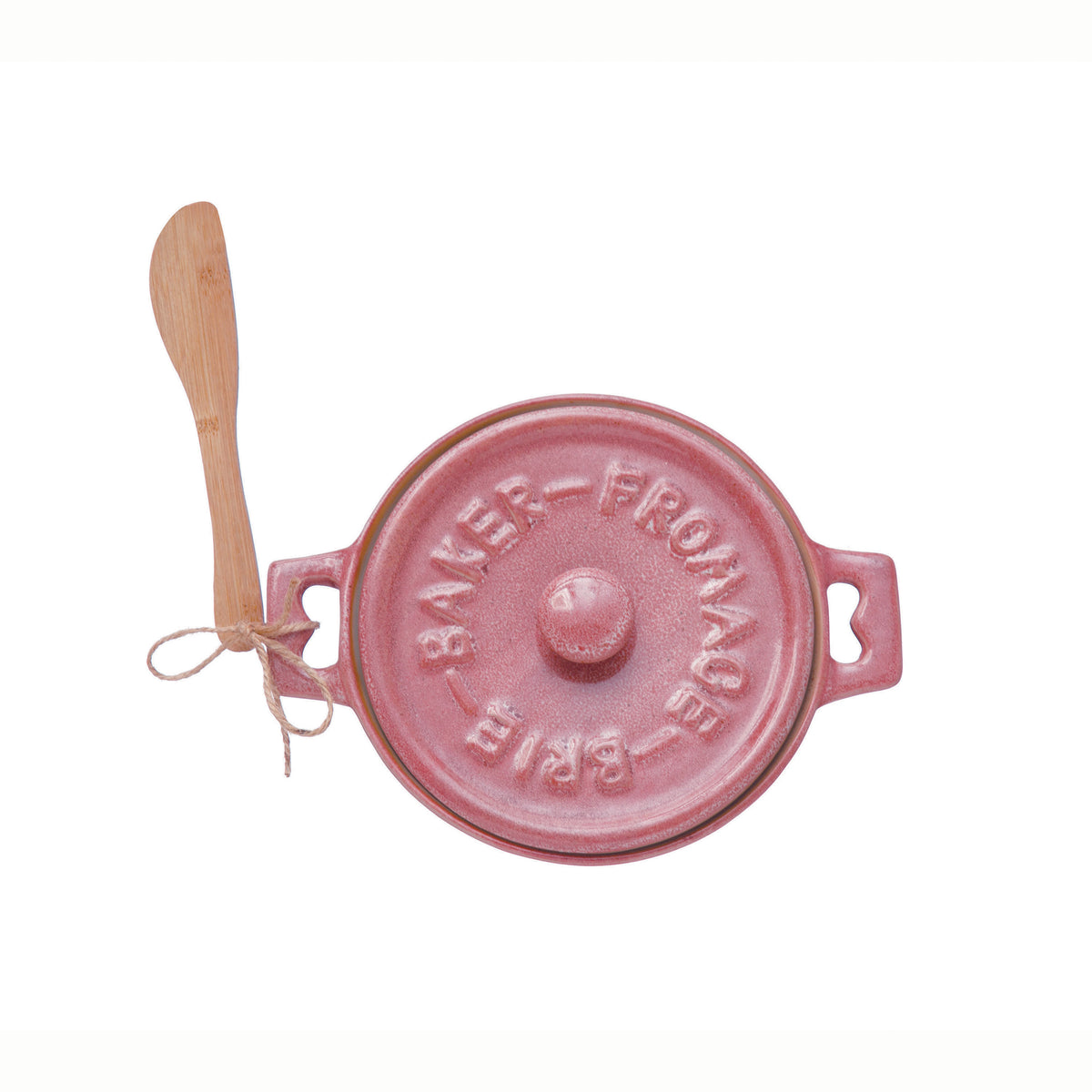 Stoneware Brie Baker with Bamboo Spreader - Pink