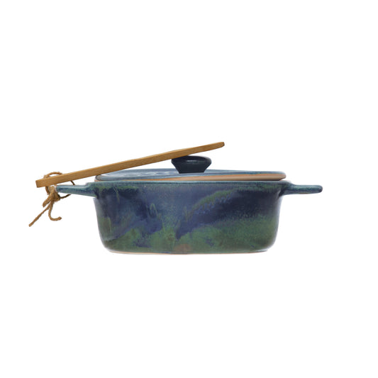 Stoneware Brie Baker with Bamboo Spreader - Blue