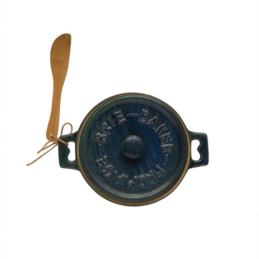 Stoneware Brie Baker with Bamboo Spreader - Blue
