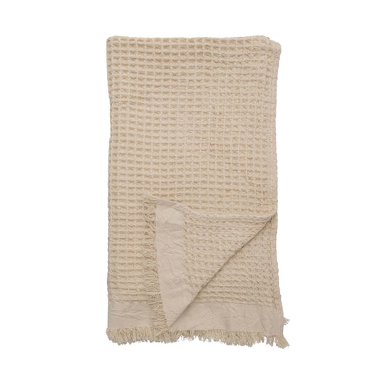 Cotton Waffle Weave Throw Blanket with Fringe - Natural