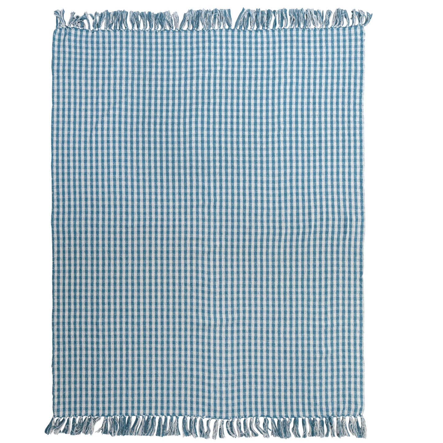 Woven Recycled Cotton Blend Throw Blanket with Fringe - Blue Gingham