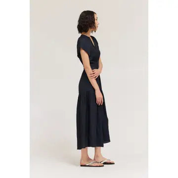 Grade + Gather - Ruffle Satin Midi Dress - Midnight