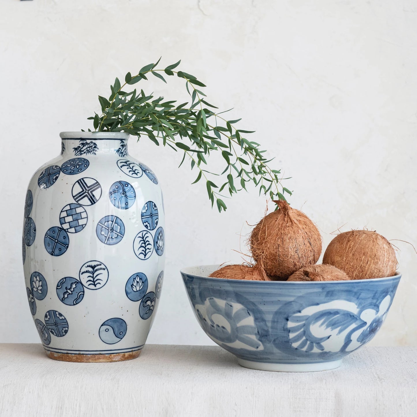 Hand-Painted Stoneware Bowl with Design - Blue & White
