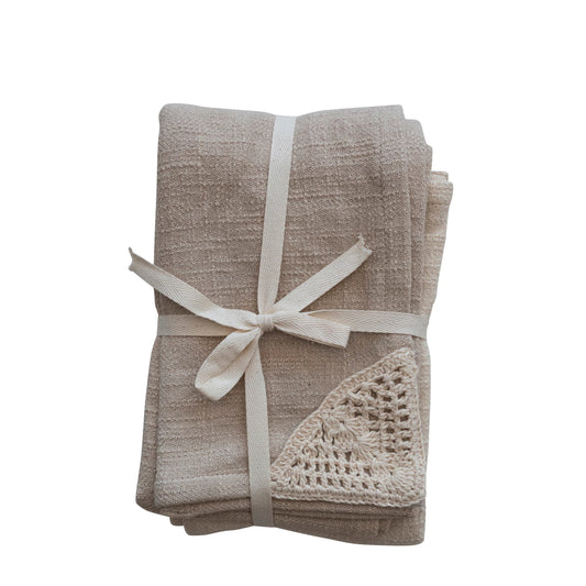 Woven Cotton Tea Towels with Crochet Corner - Natural + Beige - Set of 2