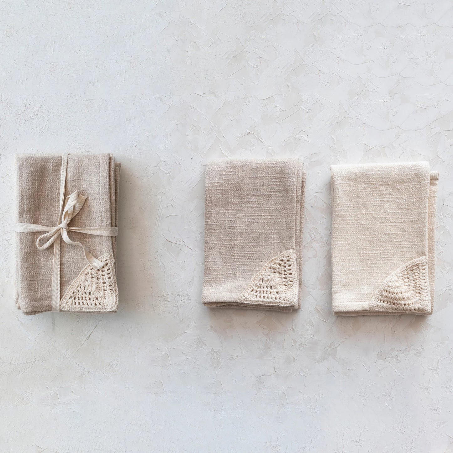 Woven Cotton Tea Towels with Crochet Corner - Natural + Beige - Set of 2