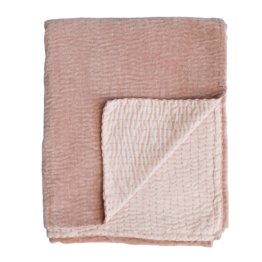 Cotton Velvet Throw with Kantha Stitch - Blush