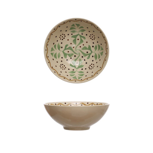 Hand-Painted Stoneware Serving Bowl - Green + Brown