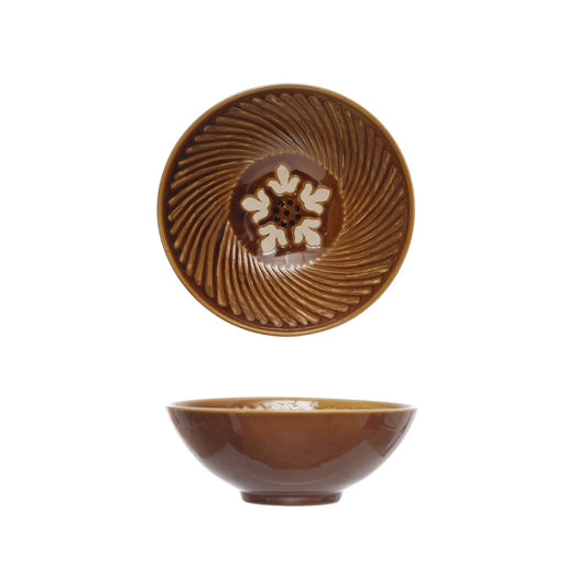 Hand-Painted Stoneware Serving Bowl - Brown