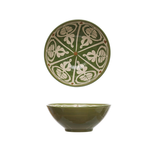 Hand-Painted Stoneware Serving Bowl - Green + Brown