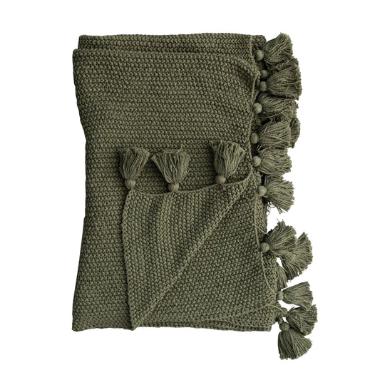 Cotton Knit Throw Blanket - Olive Green