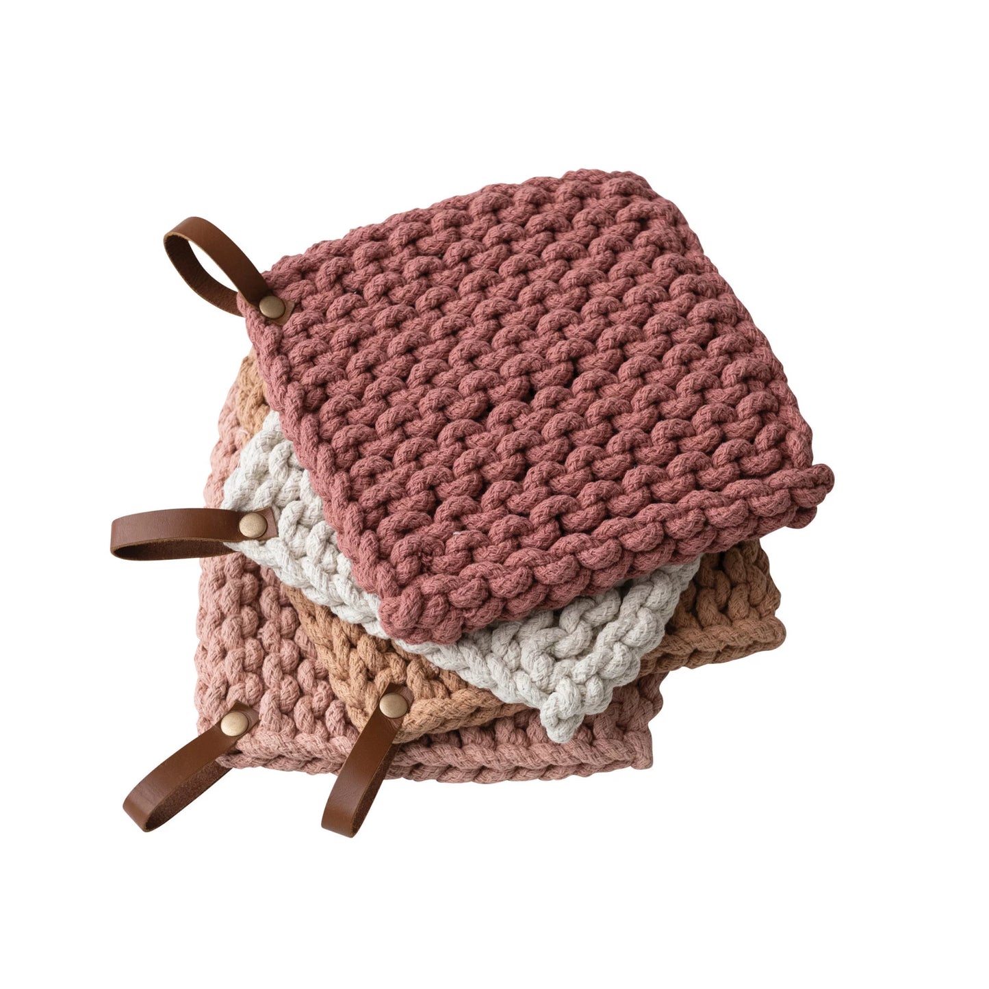 Cotton Crocheted Pot Holder - Leather Loop