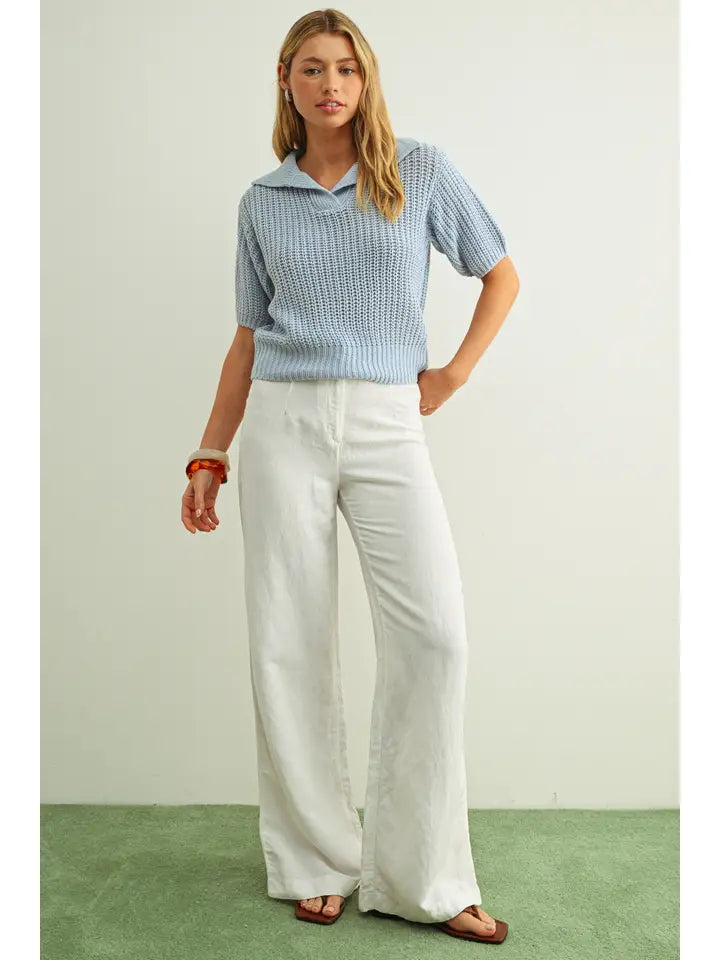 Collared Short Sleeve Knitted Top - Sky Blue