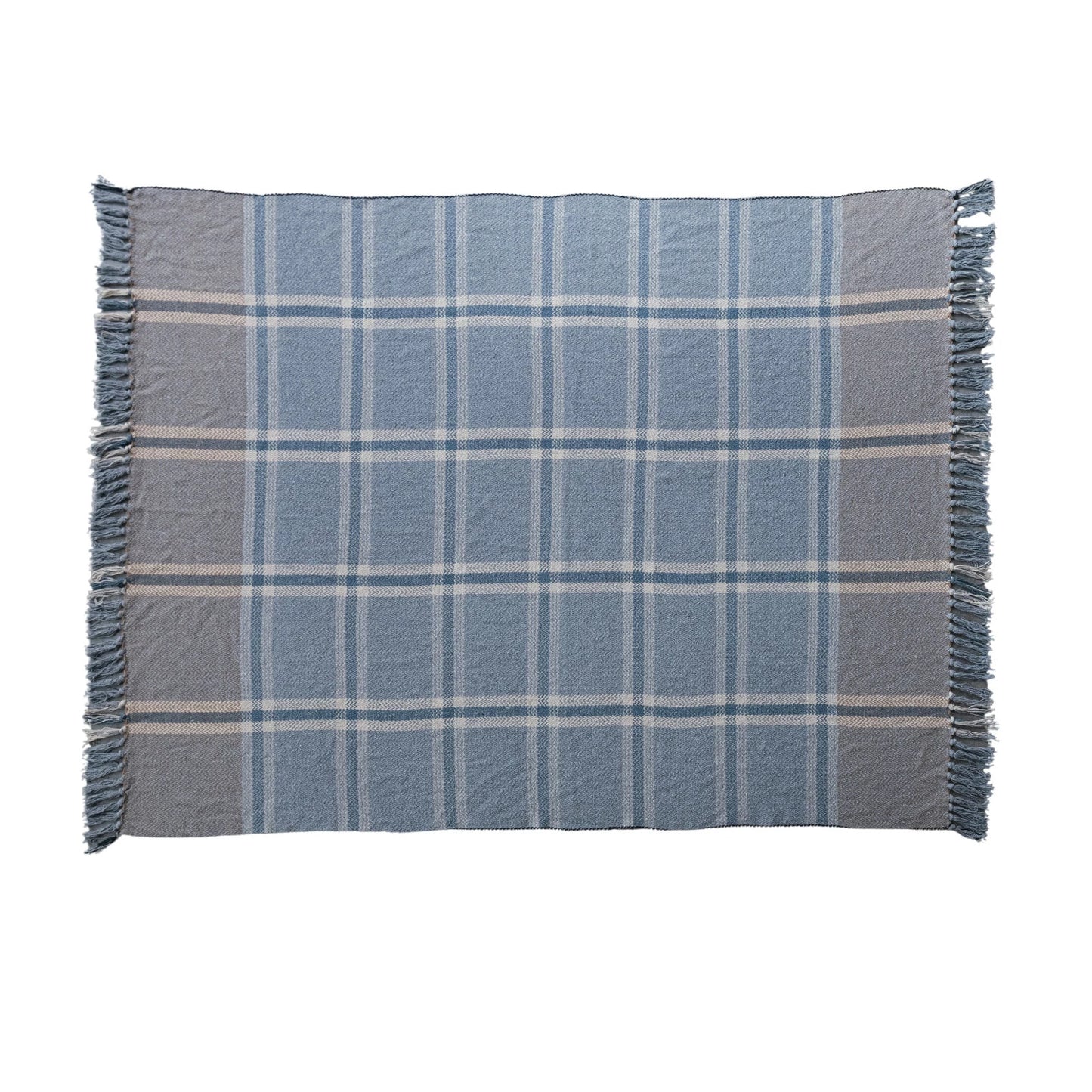 Woven Recycled Cotton Blend Throw Blanket with Fringe - Blue Plaid