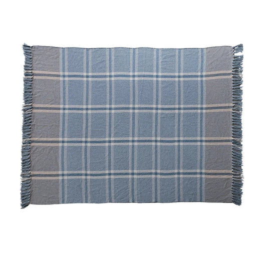 Woven Recycled Cotton Blend Throw Blanket with Fringe - Blue Plaid