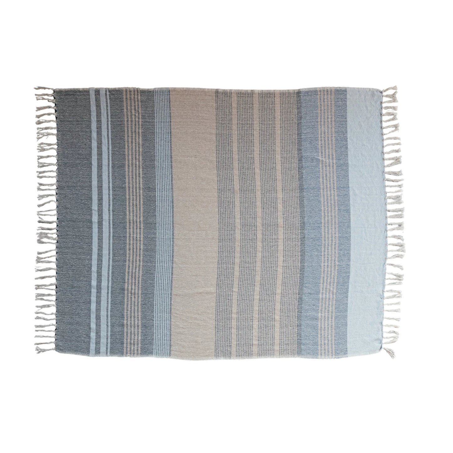 Woven Recycled Cotton Blend Throw Blanket with Fringe - Striped