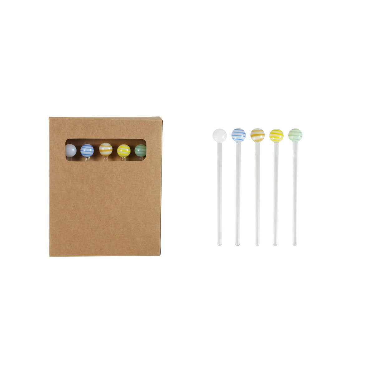 Hand-Blown Glass Cocktail Stirrers with Striped Ball Handles - Set of 5