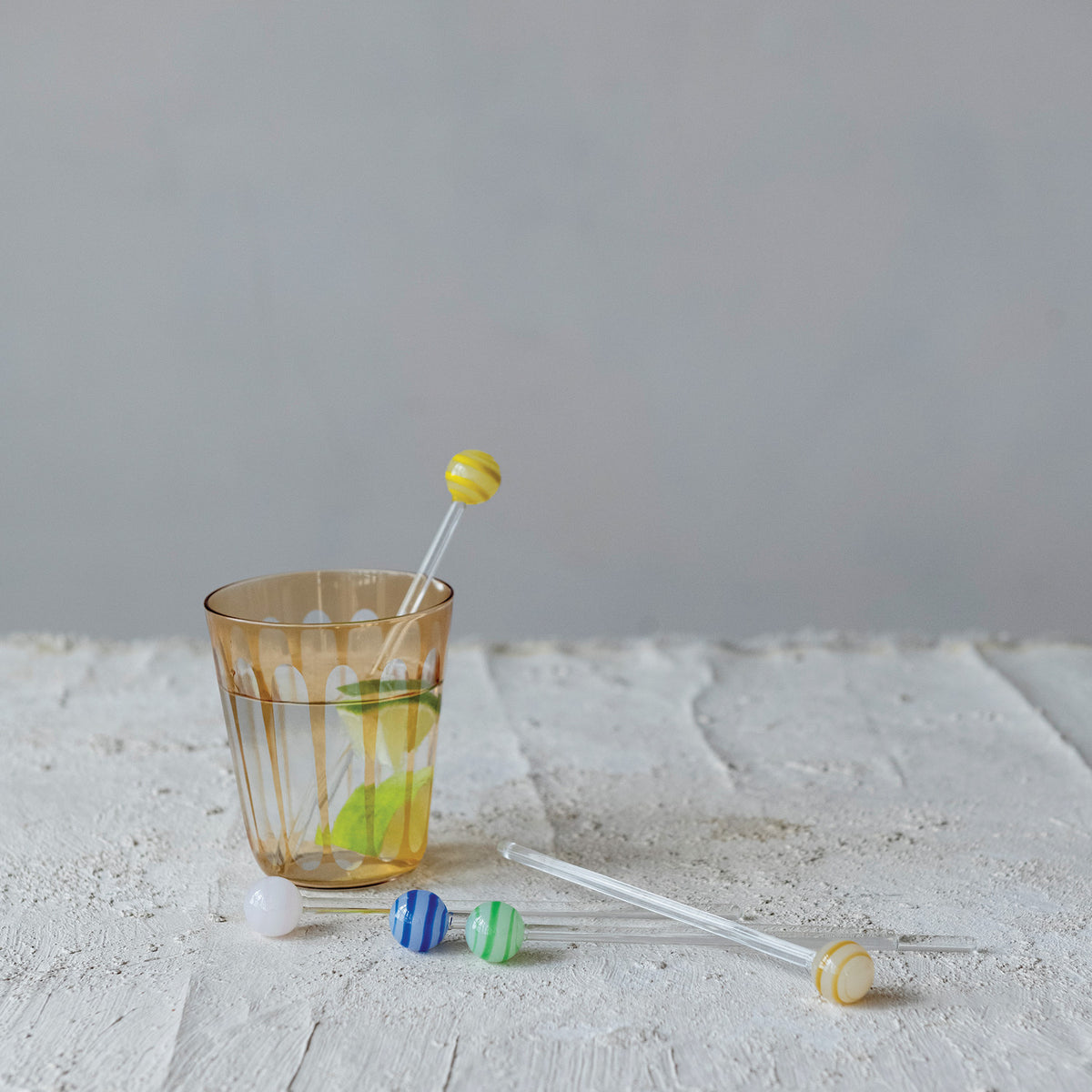 Hand-Blown Glass Cocktail Stirrers with Striped Ball Handles - Set of 5