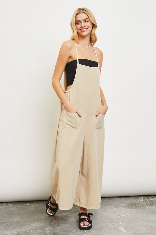 Wide Leg Overall Jumpsuit - Washed Taupe