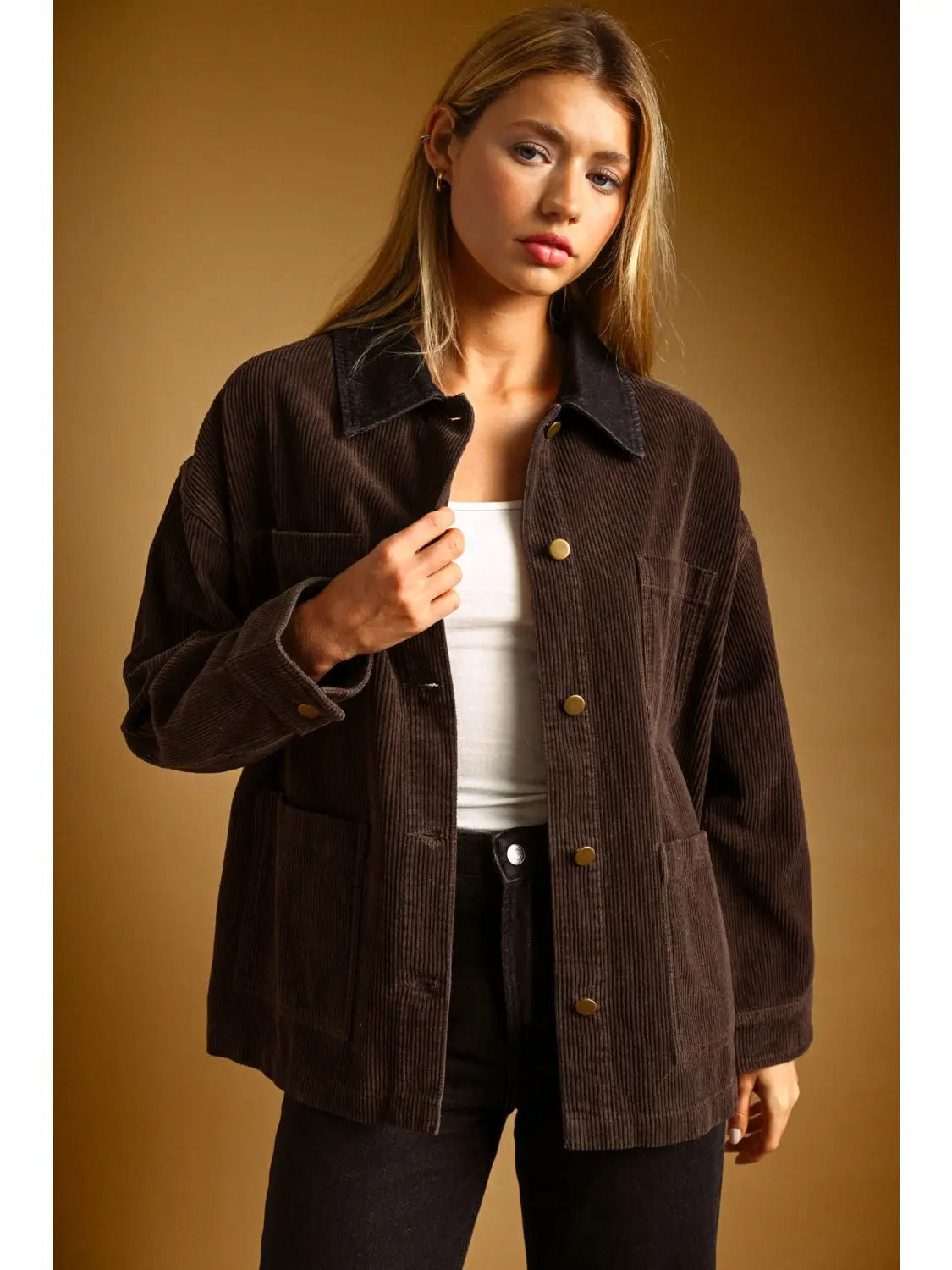 Corduroy Button Front Barn Jacket - Brown