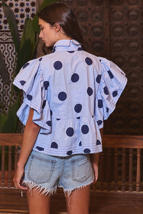 Ruffle Sleeve Pintuck Top - Blue + Navy Polka Dot