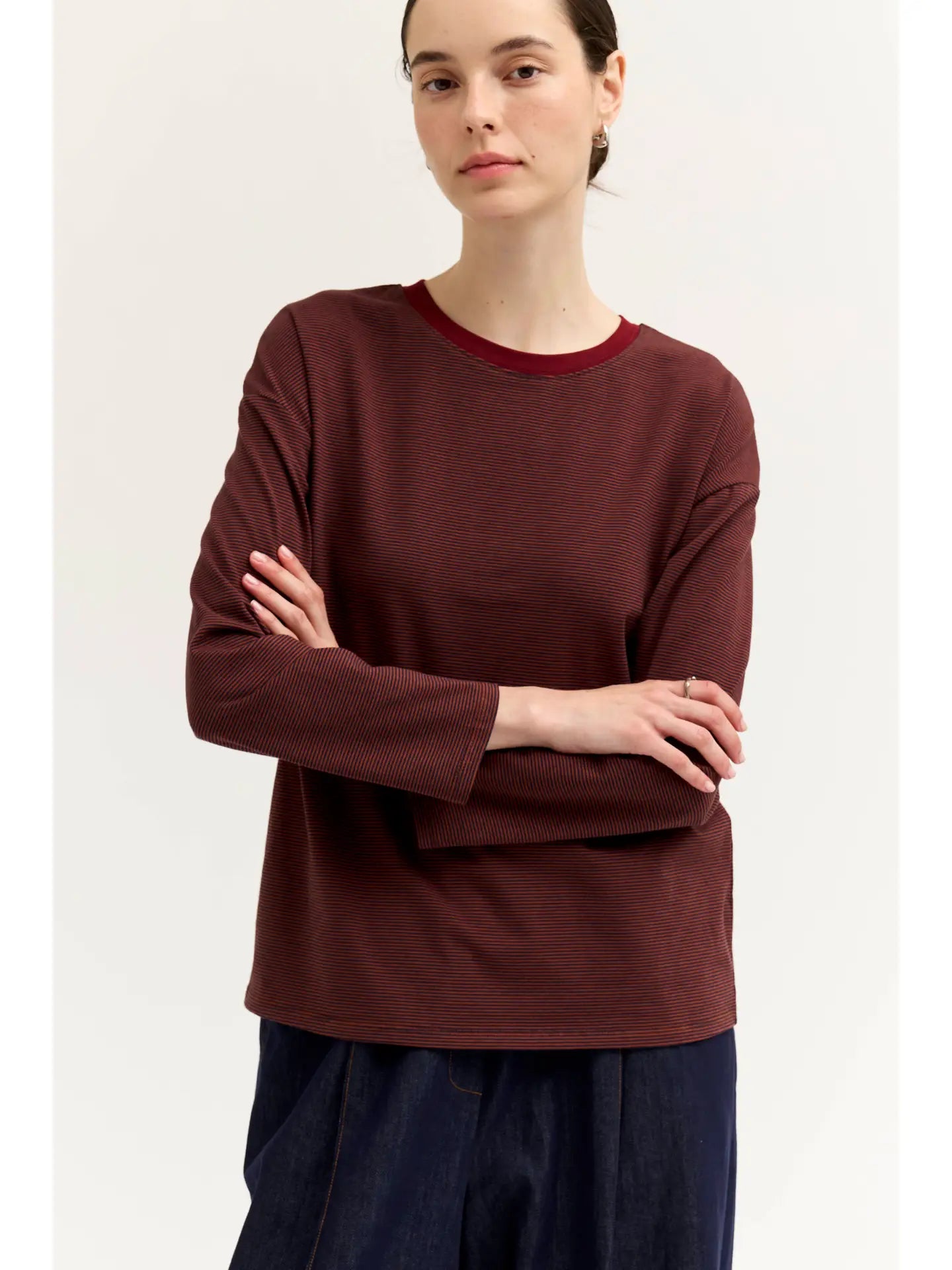 Grade + Gather - Contrast Color Rib Tee - Brick Red Stripe