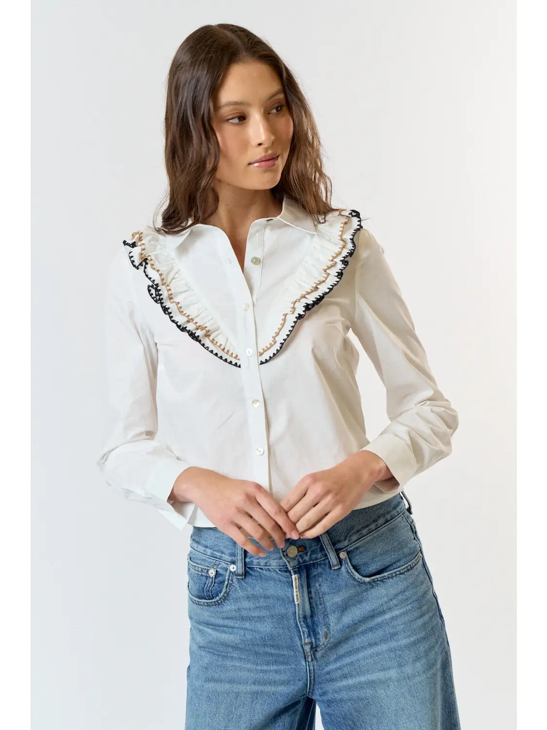 Long Sleeve Collar Button Down Top - Off White