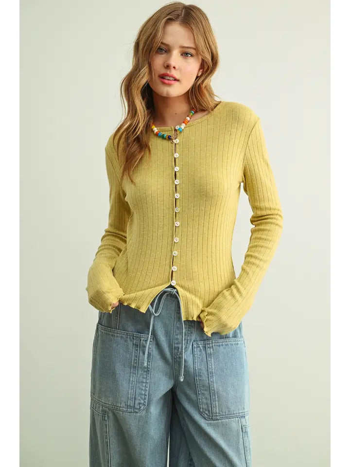 Button Front Ribbed Long Sleeve Knitted Top - Green Fig