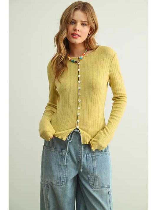 Button Front Ribbed Long Sleeve Knitted Top - Green Fig