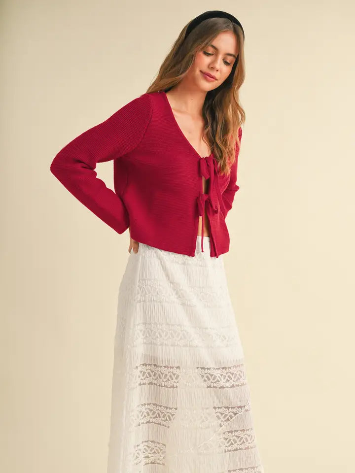 Long Sleeve Knitted Tie Front Cardigan - Red