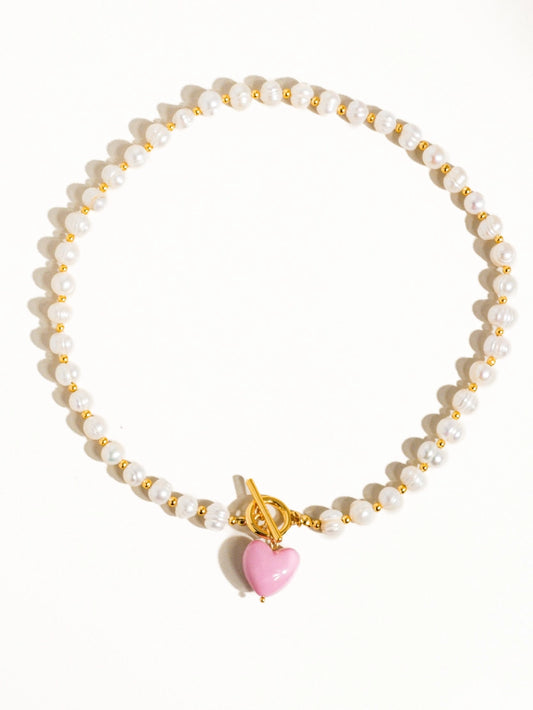 Wren Vintage Natural Pearl Heart Necklace - Pink