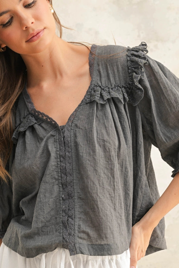 Lace Detailed Blouse - Charcoal