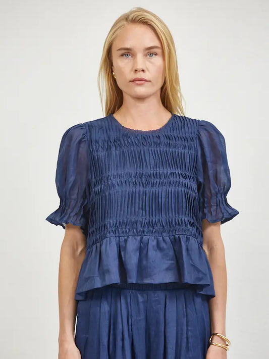 Smocked Blouse - Navy