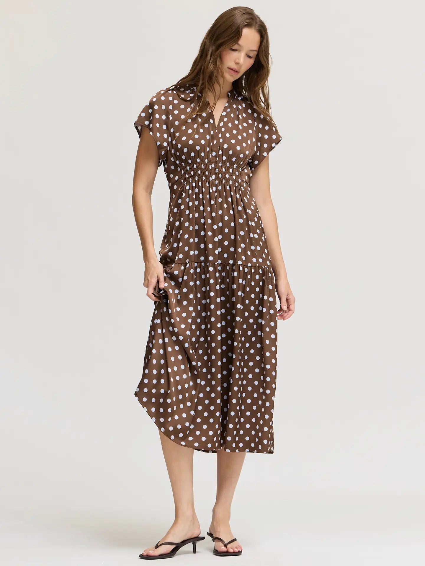 Grade + Gather - Ruffle Satin Midi Dress - Brown + Blue