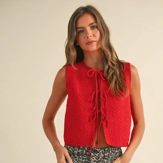 Knitted Tie Front Cardigan - Red