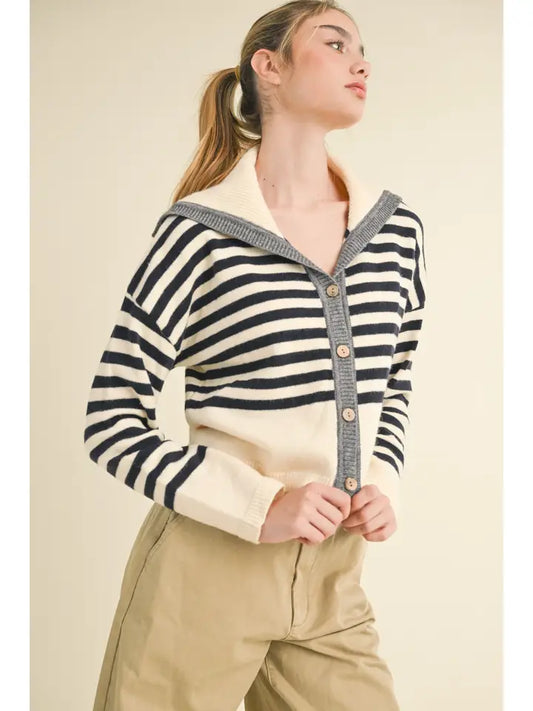 Striped Sailor Collar Sweater Cardigan