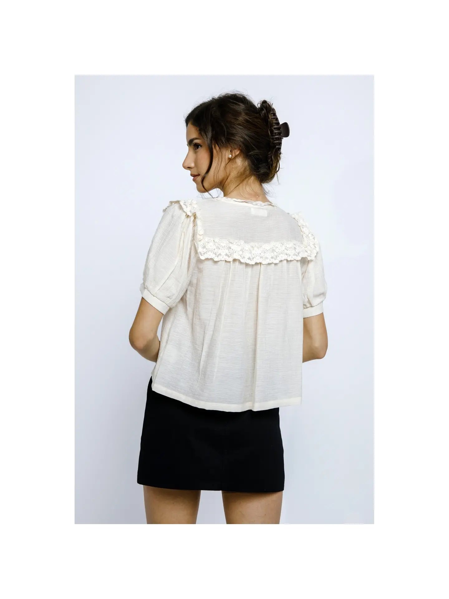 Cotton Crepe Peter Pan Lace Blouse - Cream