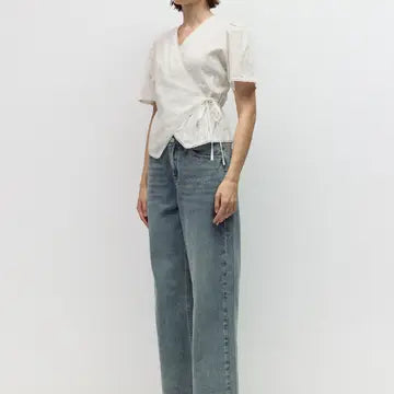 Embossed Stripe Cotton Wrap Blouse - White