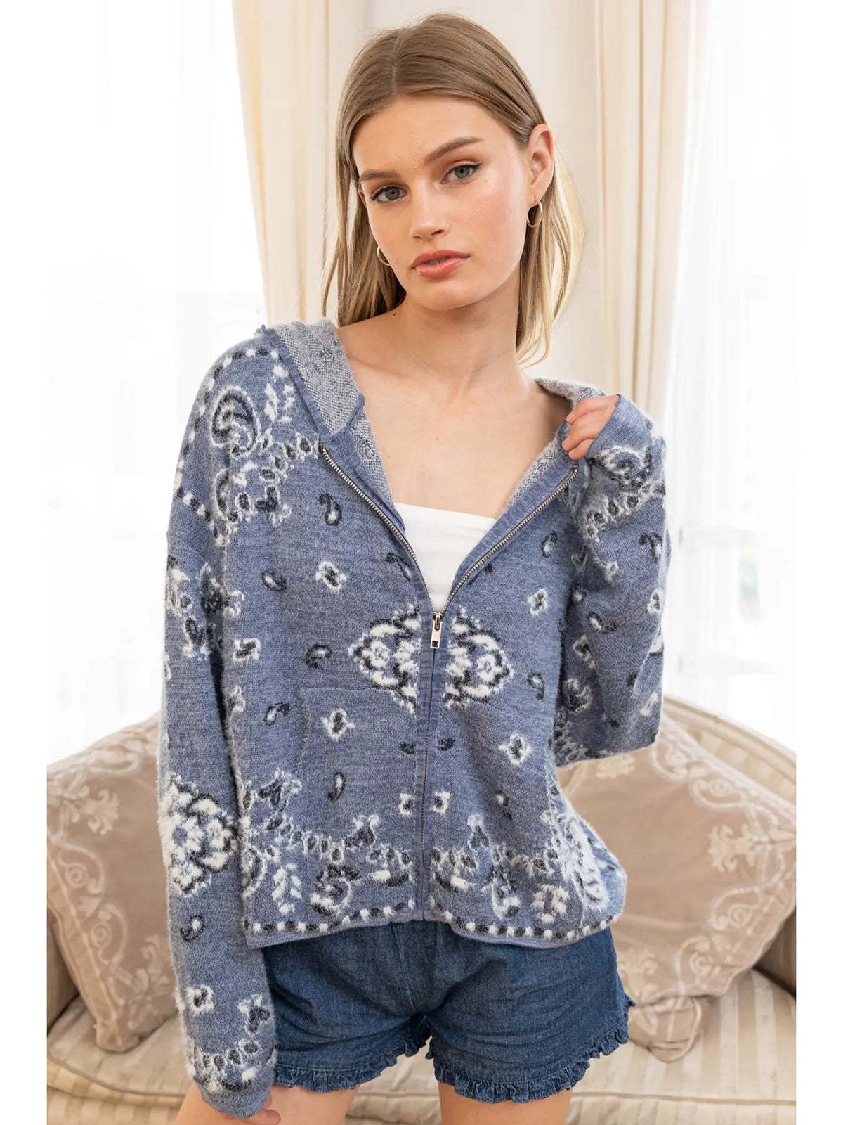 Fuzzy Knit Hoodie Cardigan - Nordic Blue