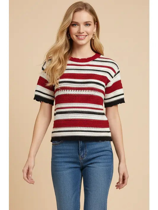 Striped Short Sleeve Crochet Knit Top - Red Multi