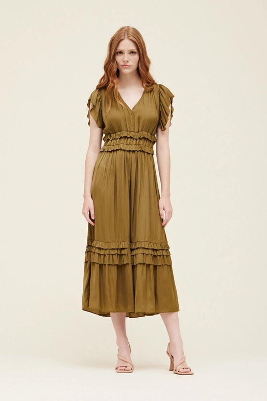 Grade + Gather - Ruffle Satin V-Neck Dress - Moss