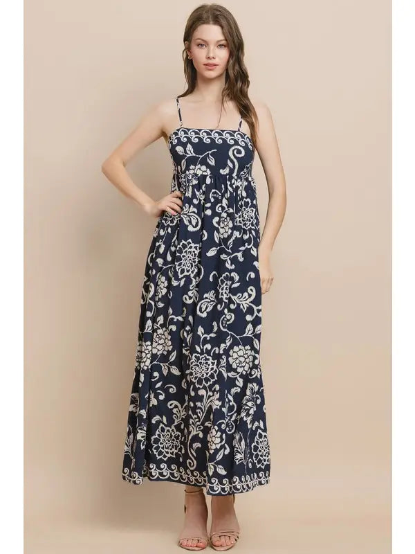 Printed Midi Dress - Navy