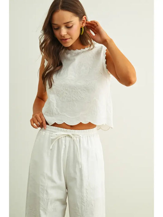 Embroidery Sleeveless Top - Off White