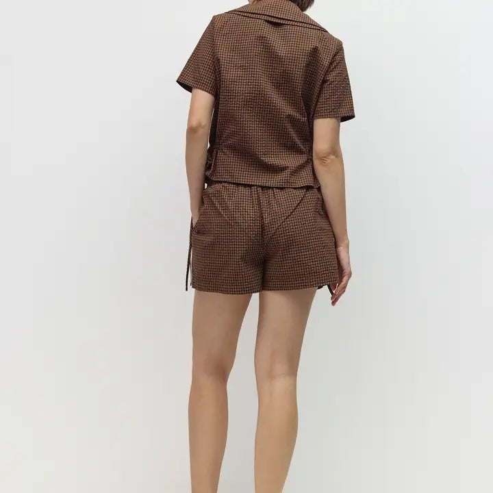 Gingham Collared Button Up - Brown + Navy