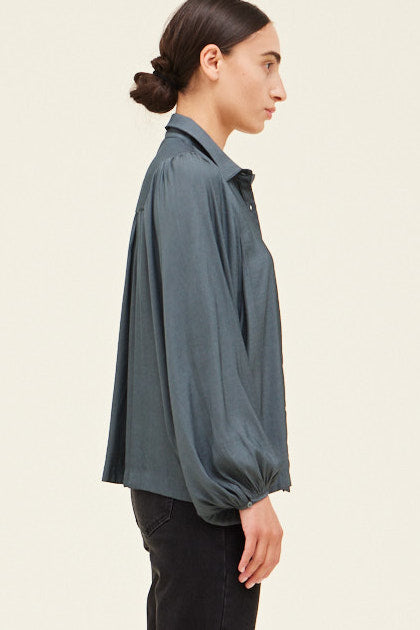 Grade + Gather - Button Down Satin Shirt - Dark Teal