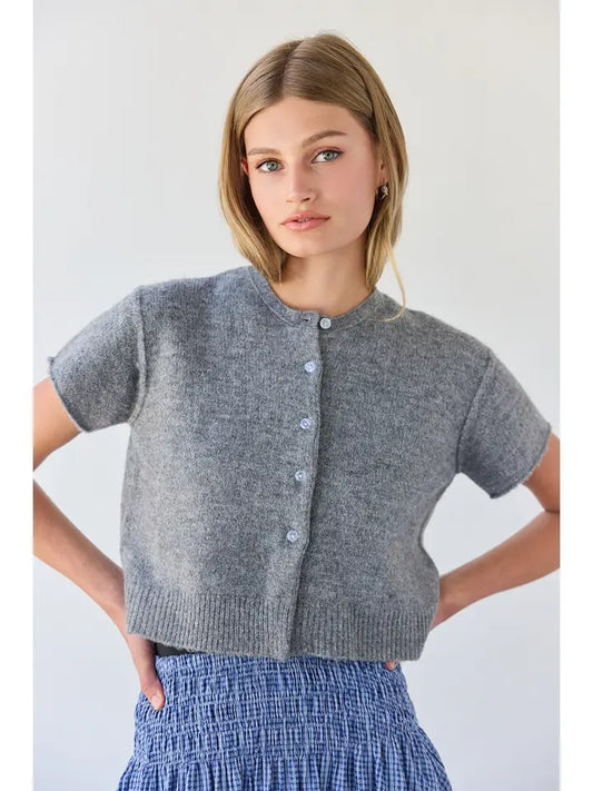 Soft Button Front Short Sleeve Knit Cardigan - Grey