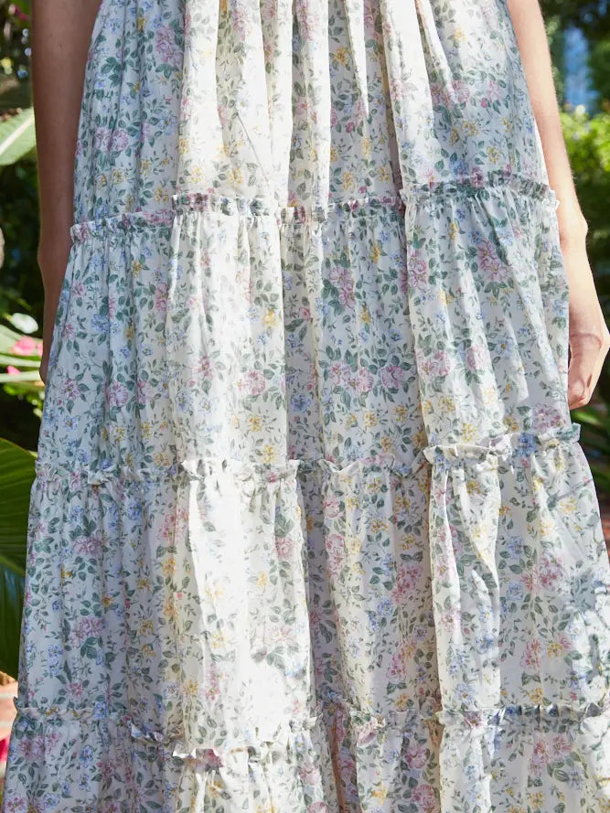 Woven Floral Tiered Smocked Midi Dress - Cream Multi