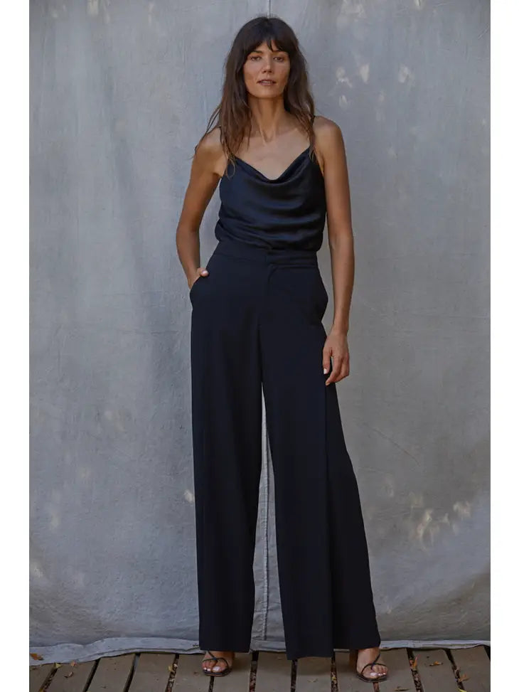 Woven High Waist Wide Leg Trousers - Black