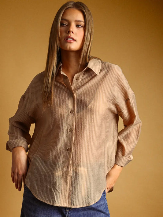 Pin Striped Sheer Button Front - Mocha